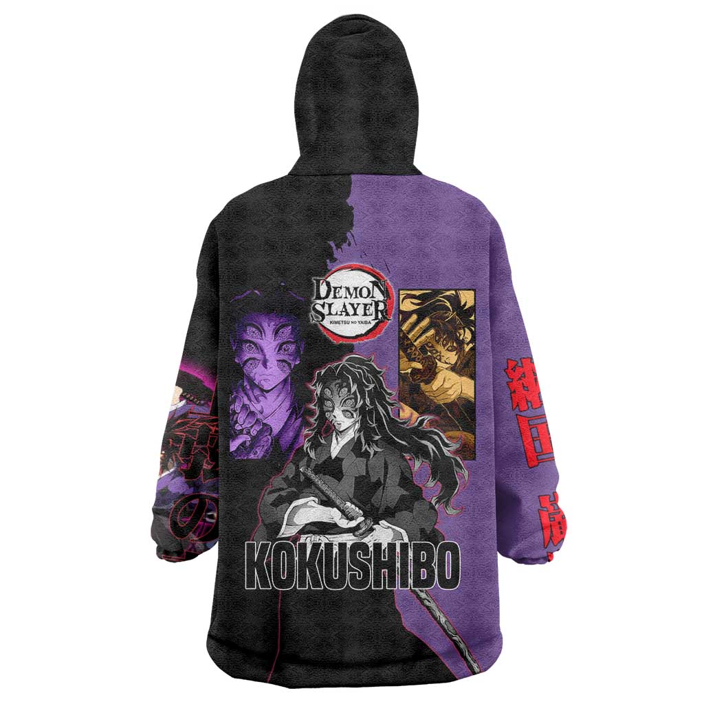 Kokushibo from Demon Slayer Wearable Blanket Hoodie with Purple and Black Split Background and Sword Draw Manga Style Design - The Mazicc