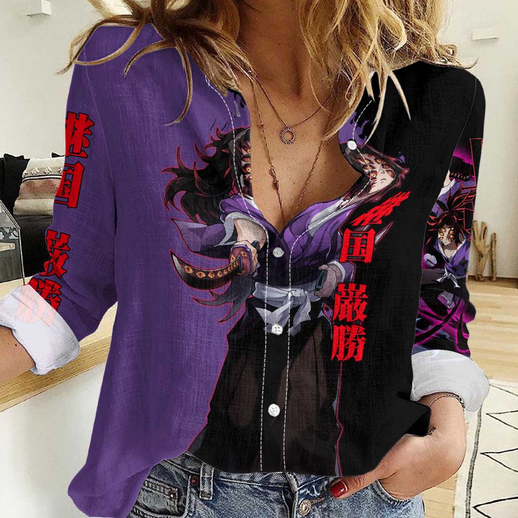 Kokushibo from Demon Slayer Women Casual Shirt with Purple and Black Split Background and Sword Draw Manga Style Design - The Mazicc