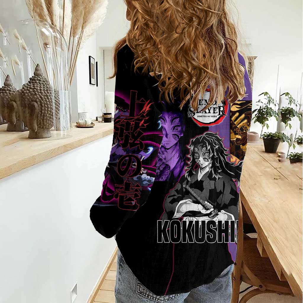 Kokushibo from Demon Slayer Women Casual Shirt with Purple and Black Split Background and Sword Draw Manga Style Design - The Mazicc