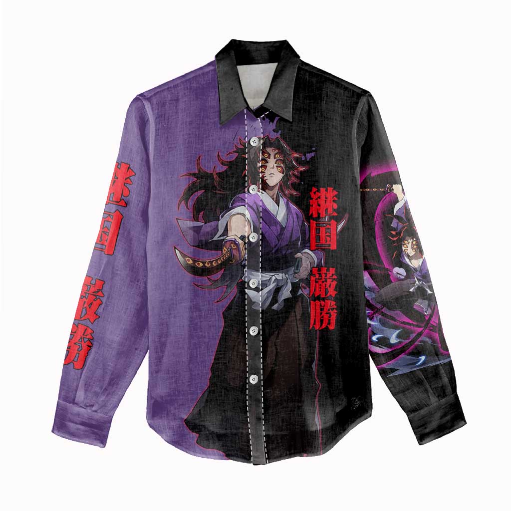 Kokushibo from Demon Slayer Women Casual Shirt with Purple and Black Split Background and Sword Draw Manga Style Design - The Mazicc