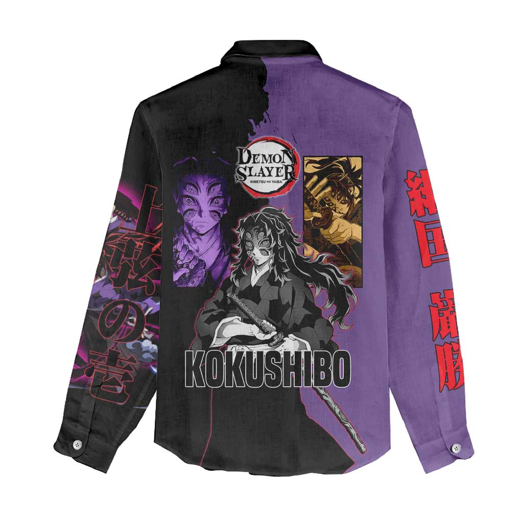Kokushibo from Demon Slayer Women Casual Shirt with Purple and Black Split Background and Sword Draw Manga Style Design - The Mazicc