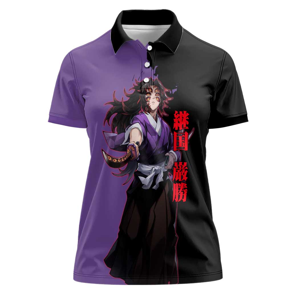 Kokushibo from Demon Slayer Women Polo Shirt with Purple and Black Split Background and Sword Draw Manga Style Design - The Mazicc