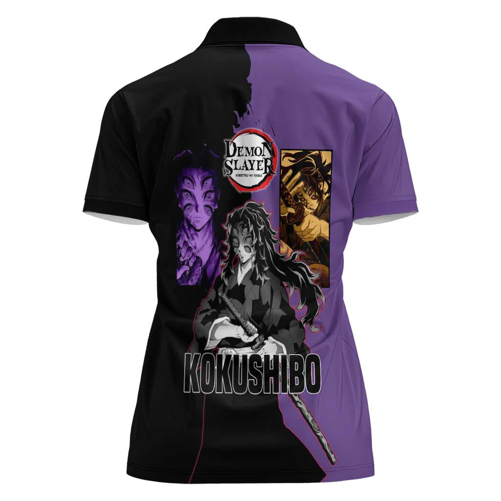 Kokushibo from Demon Slayer Women Polo Shirt with Purple and Black Split Background and Sword Draw Manga Style Design - The Mazicc