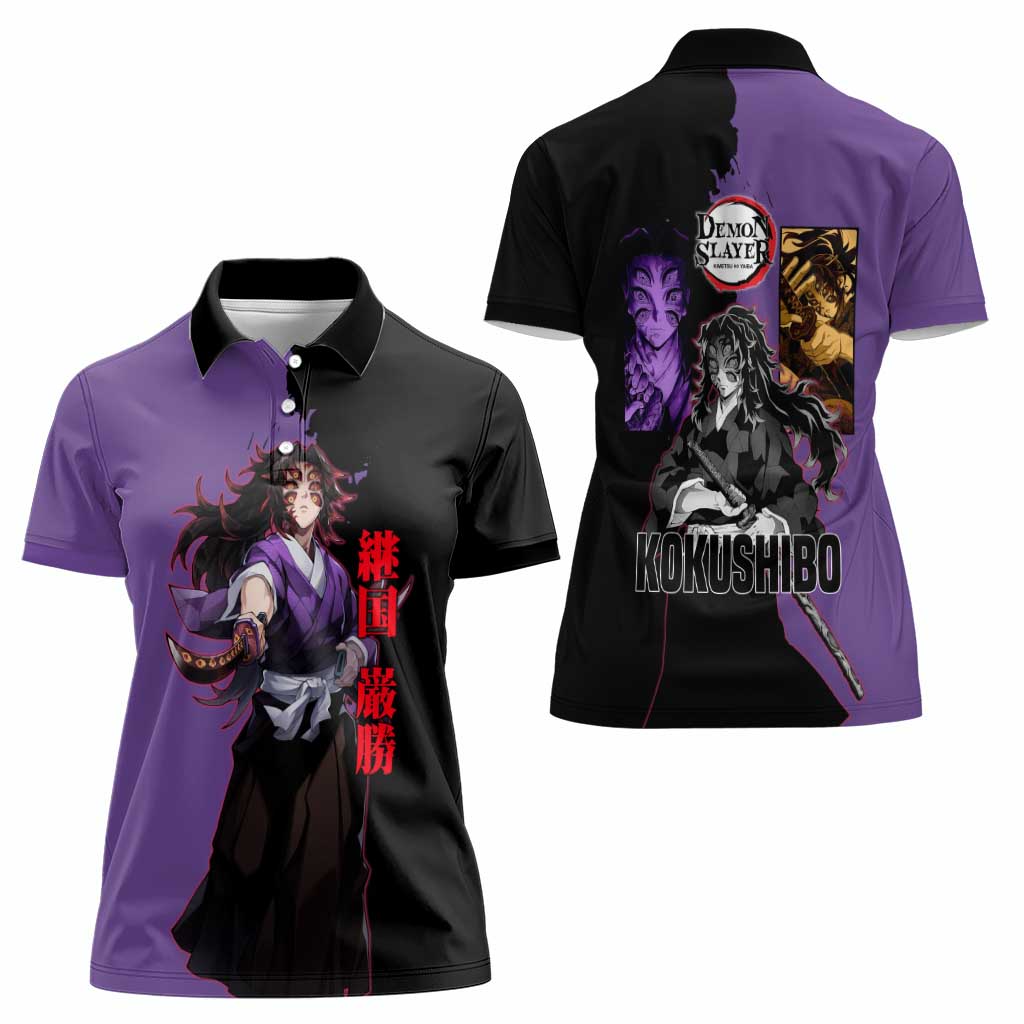Kokushibo from Demon Slayer Women Polo Shirt with Purple and Black Split Background and Sword Draw Manga Style Design - The Mazicc