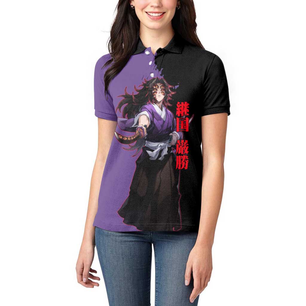 Kokushibo from Demon Slayer Women Polo Shirt with Purple and Black Split Background and Sword Draw Manga Style Design - The Mazicc