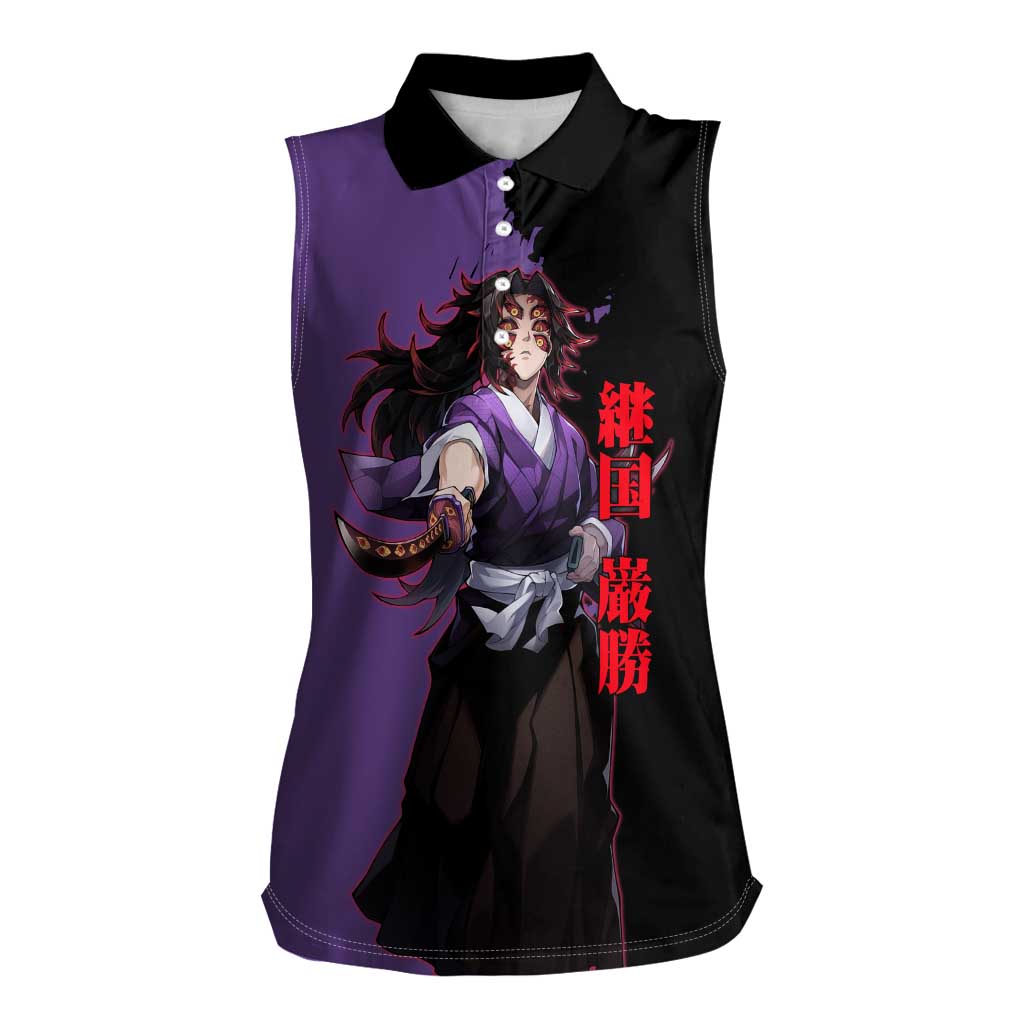 Kokushibo from Demon Slayer Women Sleeveless Polo Shirt with Purple and Black Split Background and Sword Draw Manga Style Design - The Mazicc