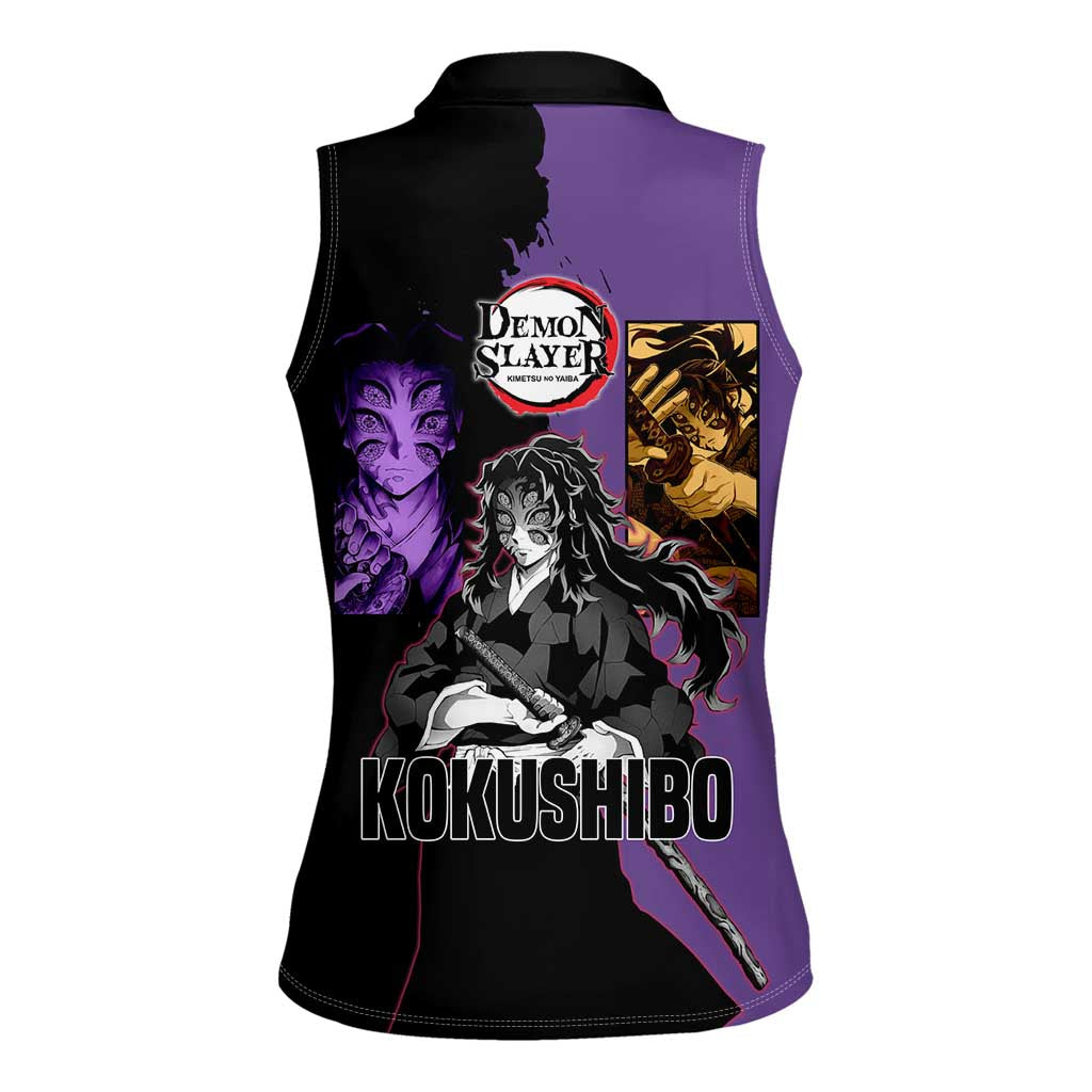 Kokushibo from Demon Slayer Women Sleeveless Polo Shirt with Purple and Black Split Background and Sword Draw Manga Style Design - The Mazicc