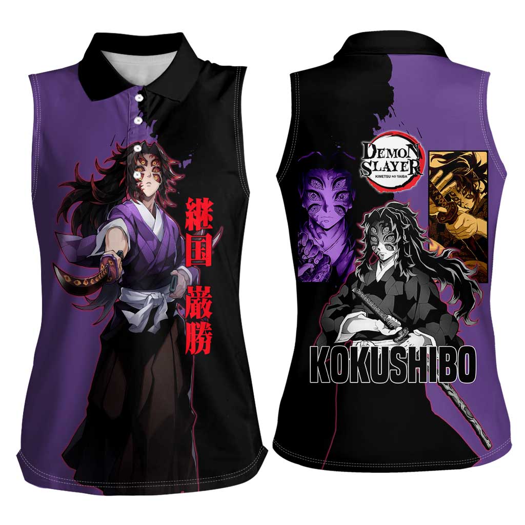 Kokushibo from Demon Slayer Women Sleeveless Polo Shirt with Purple and Black Split Background and Sword Draw Manga Style Design - The Mazicc