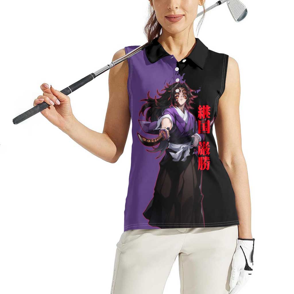 Kokushibo from Demon Slayer Women Sleeveless Polo Shirt with Purple and Black Split Background and Sword Draw Manga Style Design - The Mazicc