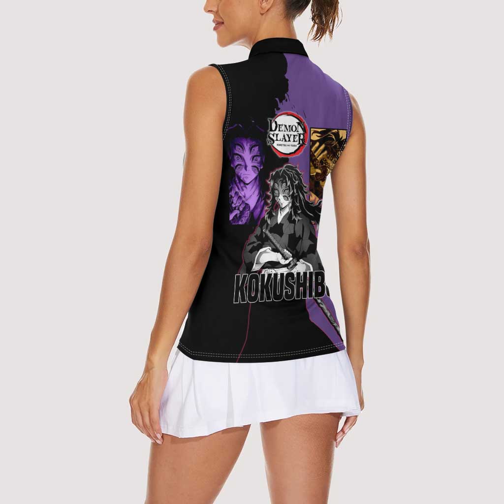 Kokushibo from Demon Slayer Women Sleeveless Polo Shirt with Purple and Black Split Background and Sword Draw Manga Style Design - The Mazicc