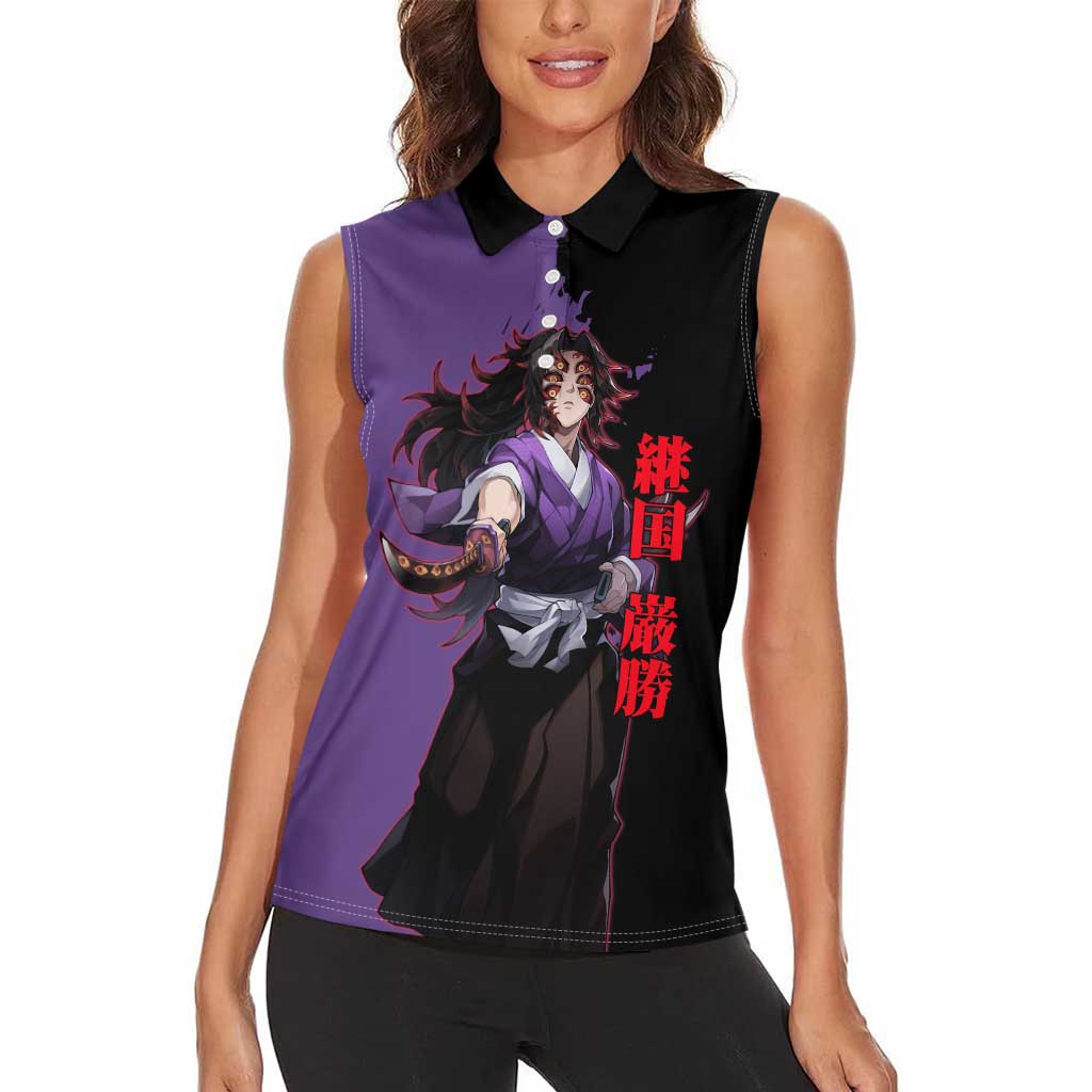 Kokushibo from Demon Slayer Women Sleeveless Polo Shirt with Purple and Black Split Background and Sword Draw Manga Style Design - The Mazicc