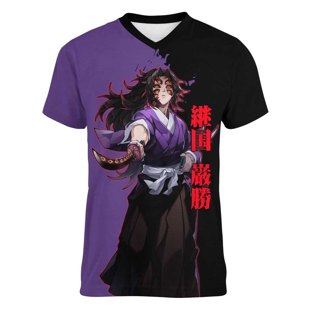Kokushibo from Demon Slayer Women V-Neck T-Shirt with Purple and Black Split Background and Sword Draw Manga Style Design - The Mazicc