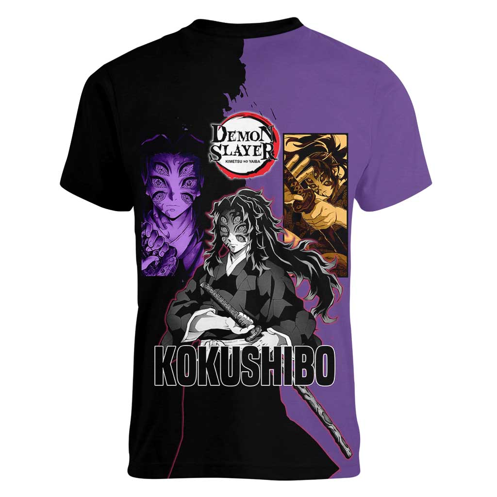 Kokushibo from Demon Slayer Women V-Neck T-Shirt with Purple and Black Split Background and Sword Draw Manga Style Design - The Mazicc