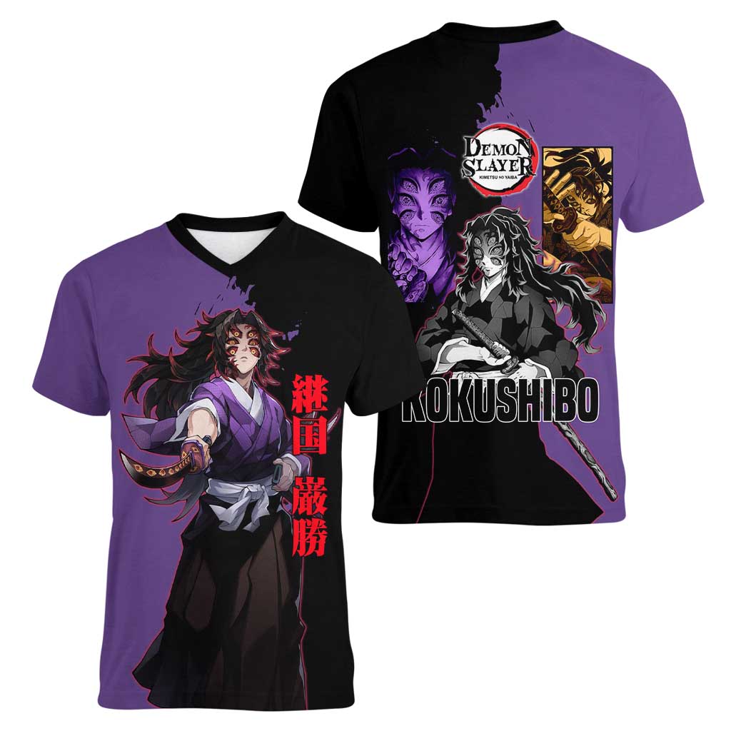 Kokushibo from Demon Slayer Women V-Neck T-Shirt with Purple and Black Split Background and Sword Draw Manga Style Design - The Mazicc