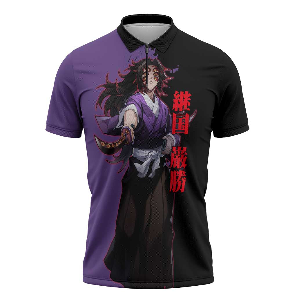 Kokushibo from Demon Slayer Zipper Polo Shirt with Purple and Black Split Background and Sword Draw Manga Style Design - The Mazicc
