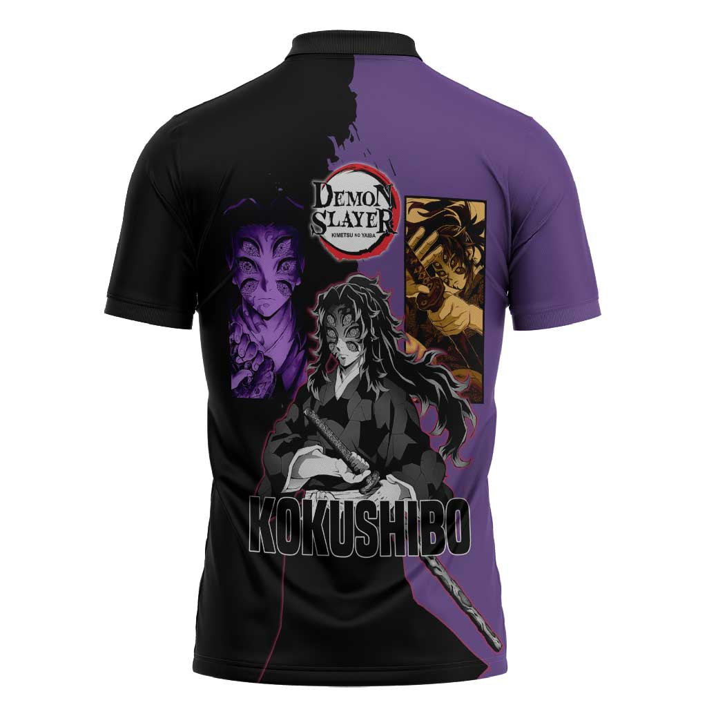 Kokushibo from Demon Slayer Zipper Polo Shirt with Purple and Black Split Background and Sword Draw Manga Style Design - The Mazicc
