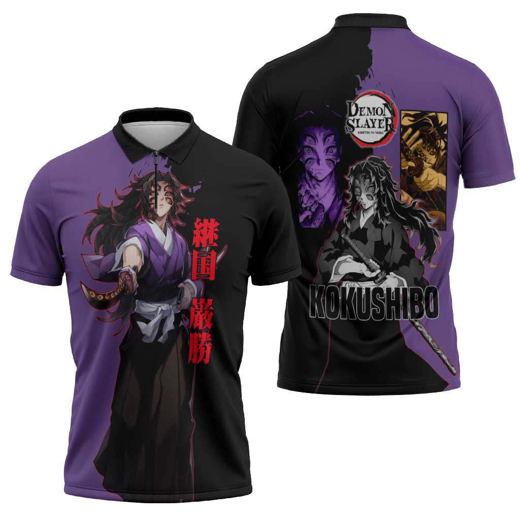 Kokushibo from Demon Slayer Zipper Polo Shirt with Purple and Black Split Background and Sword Draw Manga Style Design - The Mazicc