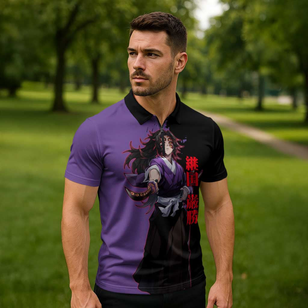 Kokushibo from Demon Slayer Zipper Polo Shirt with Purple and Black Split Background and Sword Draw Manga Style Design - The Mazicc