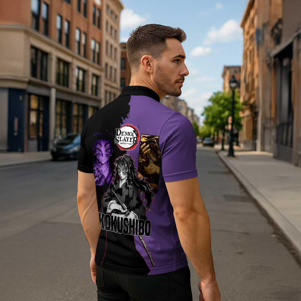 Kokushibo from Demon Slayer Zipper Polo Shirt with Purple and Black Split Background and Sword Draw Manga Style Design - The Mazicc