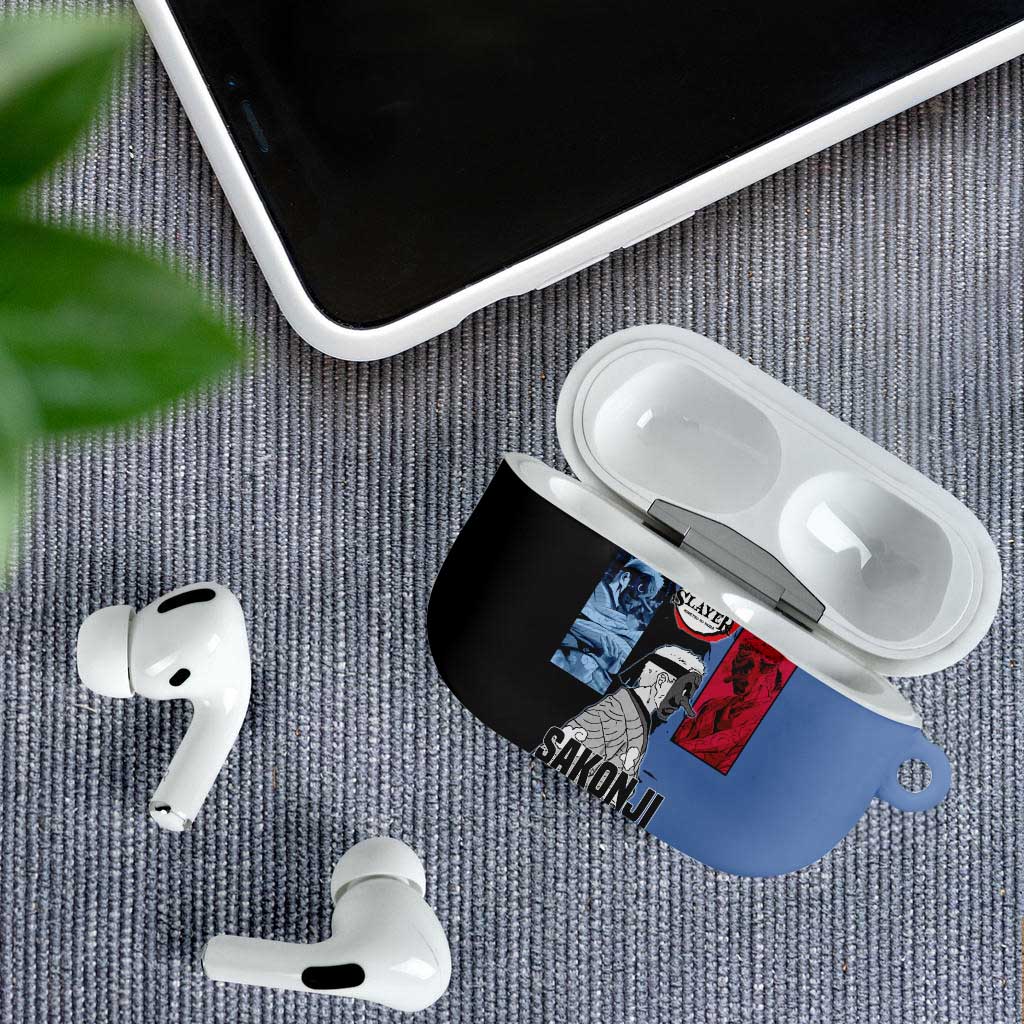 Sakonji Urokodaki from Demon Slayer AirPods Case with Blue and Black Split Background and Cloud Kimono Water Style Manga Design - The Mazicc