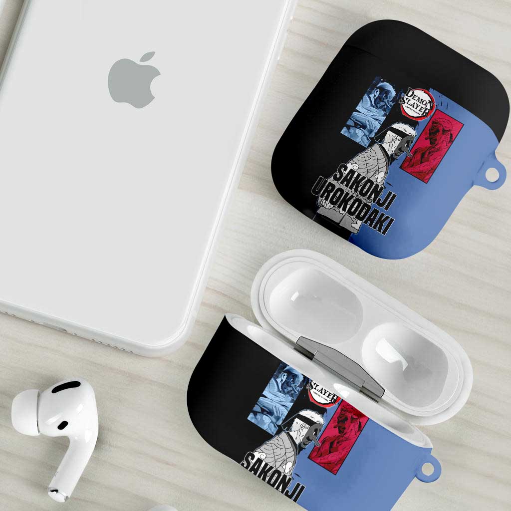 Sakonji Urokodaki from Demon Slayer AirPods Case with Blue and Black Split Background and Cloud Kimono Water Style Manga Design - The Mazicc