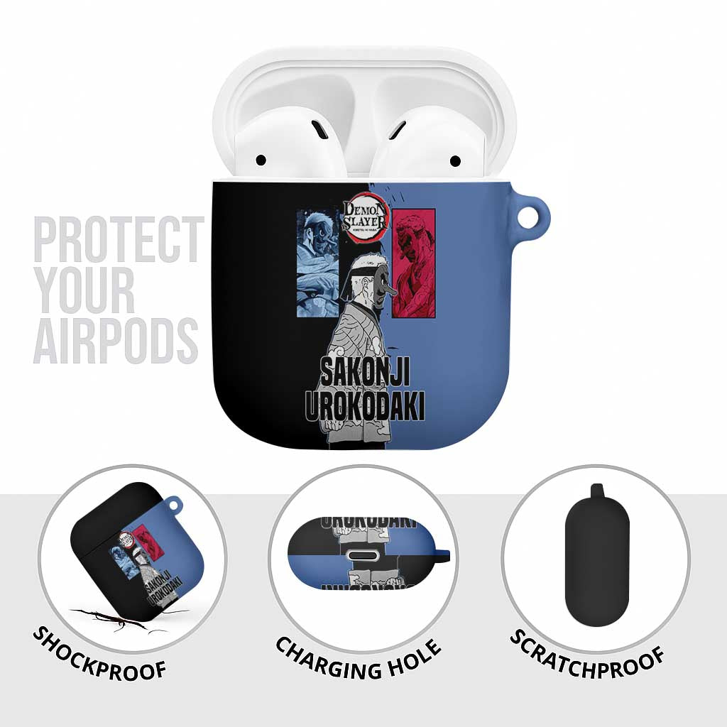 Sakonji Urokodaki from Demon Slayer AirPods Case with Blue and Black Split Background and Cloud Kimono Water Style Manga Design - The Mazicc