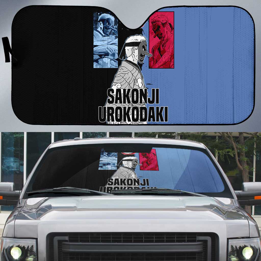 Sakonji Urokodaki from Demon Slayer Auto Sun Shade with Blue and Black Split Background and Cloud Kimono Water Style Manga Design - The Mazicc