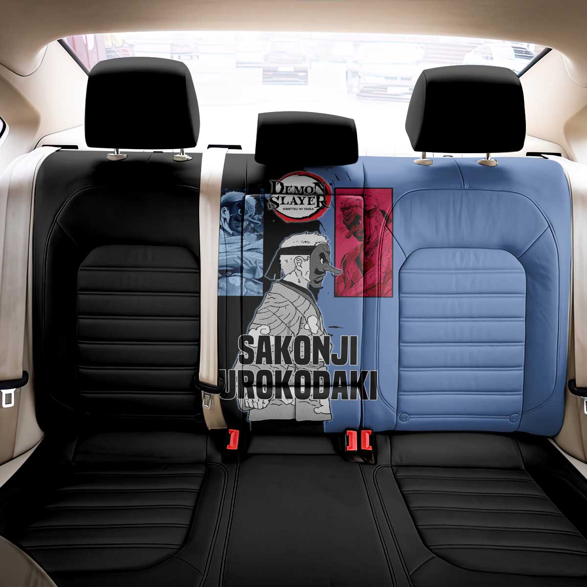 Sakonji Urokodaki from Demon Slayer Back Car Seat Cover with Blue and Black Split Background and Cloud Kimono Water Style Manga Design - The Mazicc