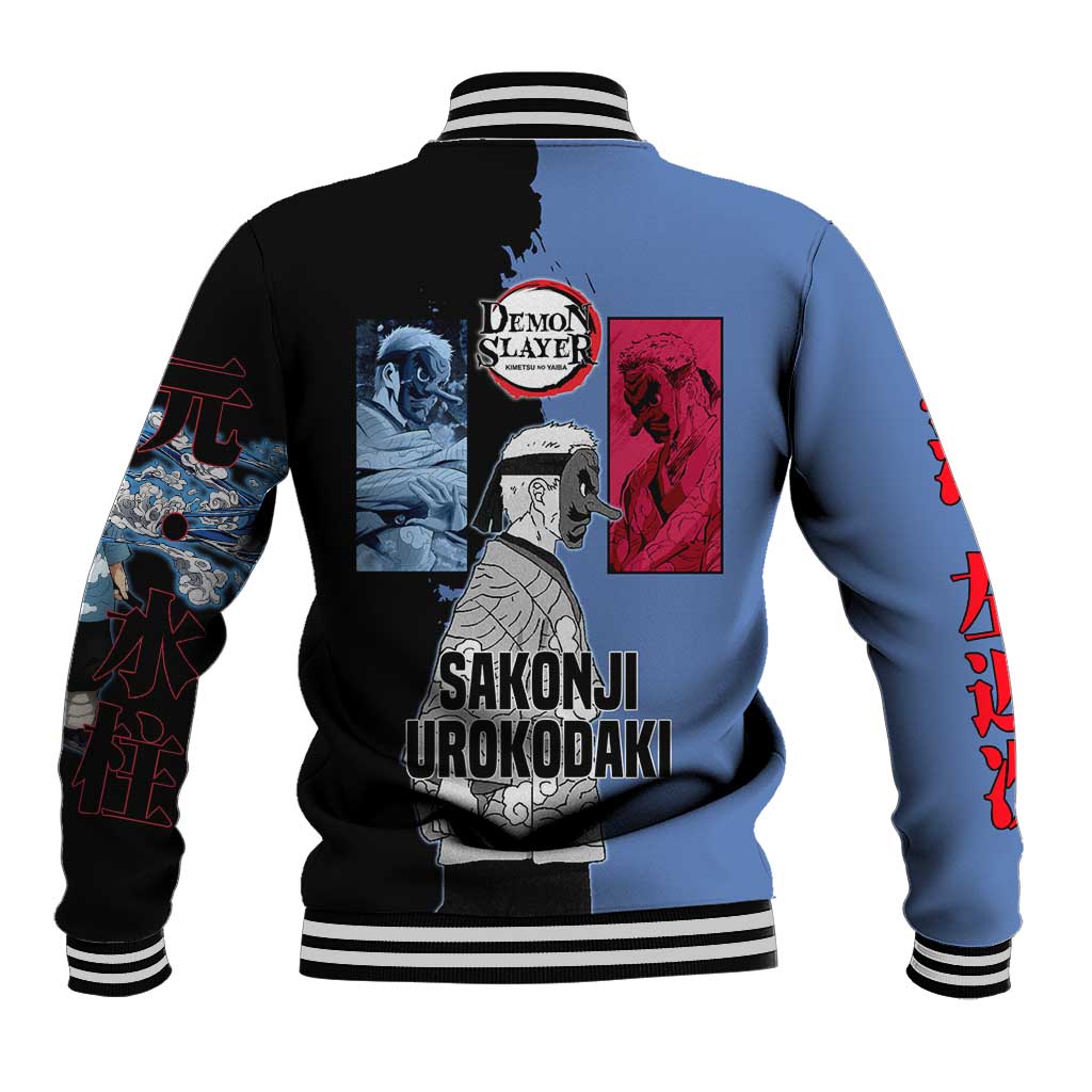 Sakonji Urokodaki from Demon Slayer Baseball Jacket with Blue and Black Split Background and Cloud Kimono Water Style Manga Design - The Mazicc