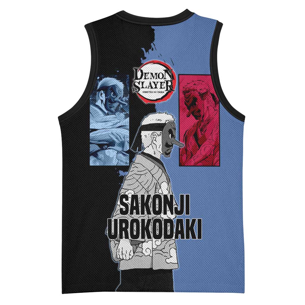 Sakonji Urokodaki from Demon Slayer Basketball Jersey with Blue and Black Split Background and Cloud Kimono Water Style Manga Design - The Mazicc