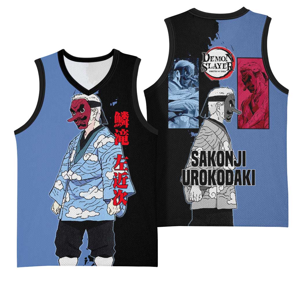Sakonji Urokodaki from Demon Slayer Basketball Jersey with Blue and Black Split Background and Cloud Kimono Water Style Manga Design - The Mazicc