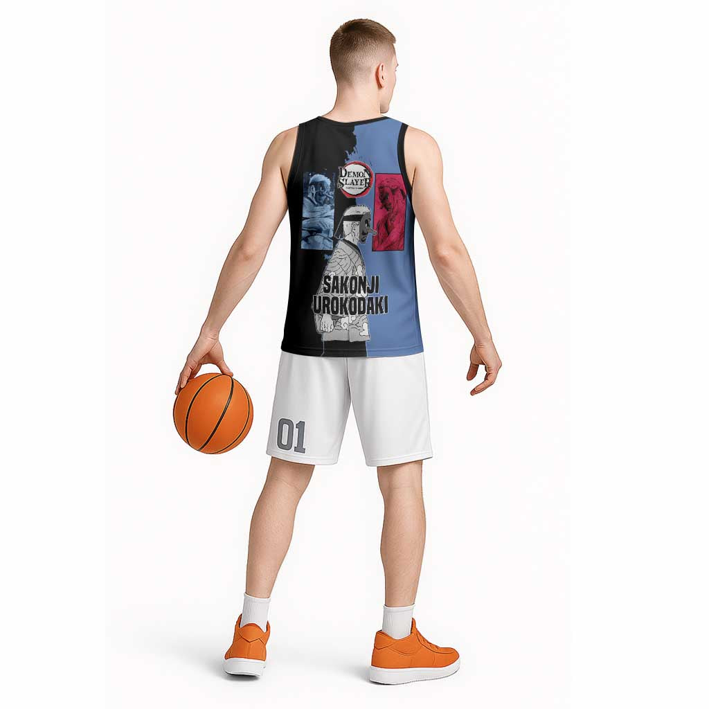 Sakonji Urokodaki from Demon Slayer Basketball Jersey with Blue and Black Split Background and Cloud Kimono Water Style Manga Design - The Mazicc