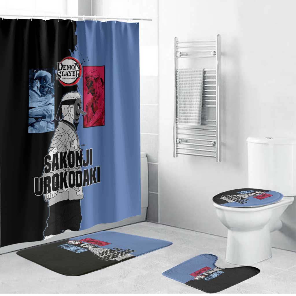 Sakonji Urokodaki from Demon Slayer Bathroom Set with Blue and Black Split Background and Cloud Kimono Water Style Manga Design - The Mazicc