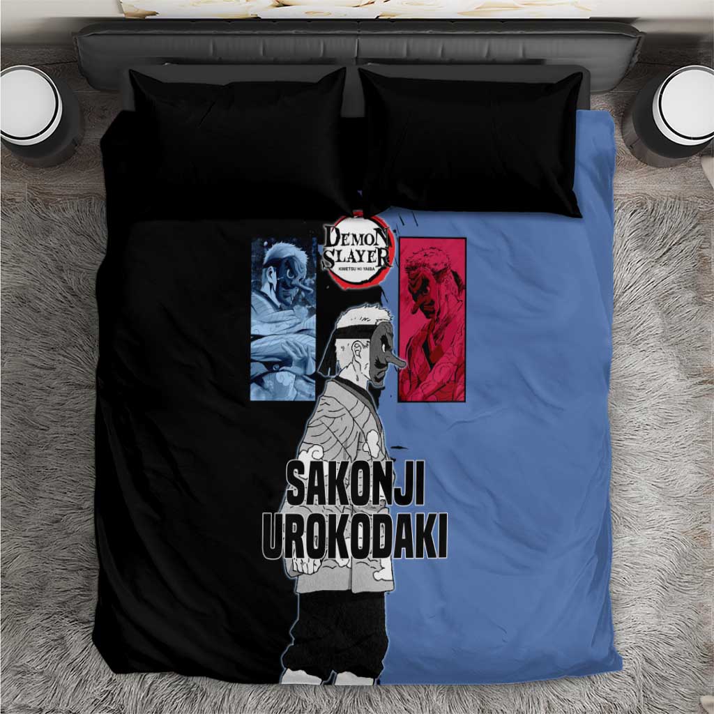Sakonji Urokodaki from Demon Slayer Bedding Set with Blue and Black Split Background and Cloud Kimono Water Style Manga Design - The Mazicc