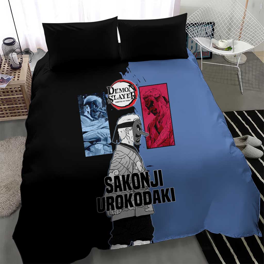Sakonji Urokodaki from Demon Slayer Bedding Set with Blue and Black Split Background and Cloud Kimono Water Style Manga Design - The Mazicc