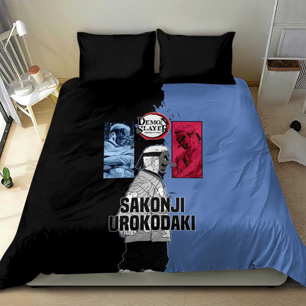 Sakonji Urokodaki from Demon Slayer Bedding Set with Blue and Black Split Background and Cloud Kimono Water Style Manga Design - The Mazicc