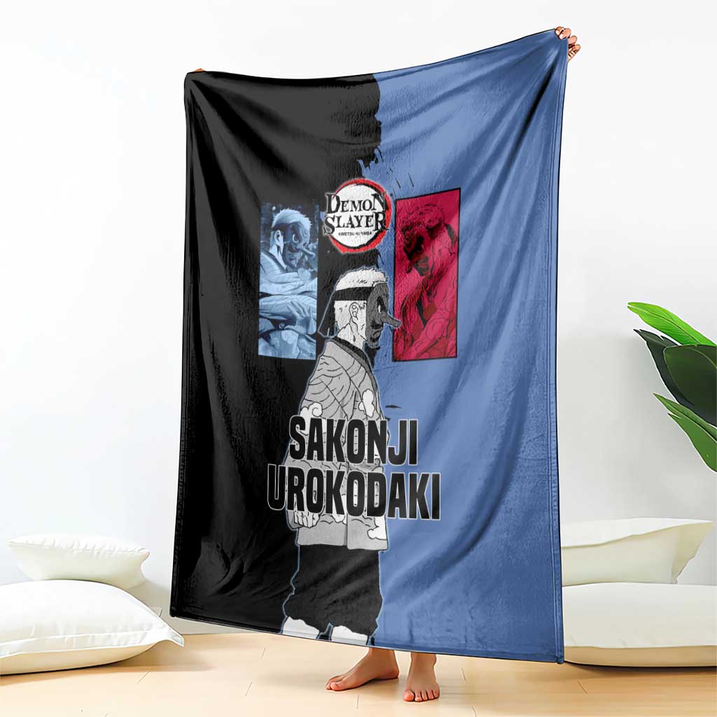 Sakonji Urokodaki from Demon Slayer Blanket with Blue and Black Split Background and Cloud Kimono Water Style Manga Design - The Mazicc