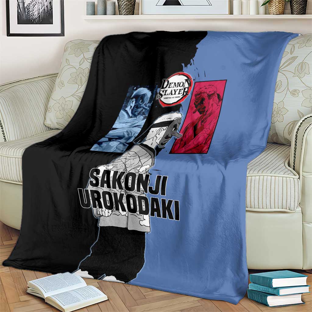 Sakonji Urokodaki from Demon Slayer Blanket with Blue and Black Split Background and Cloud Kimono Water Style Manga Design - The Mazicc