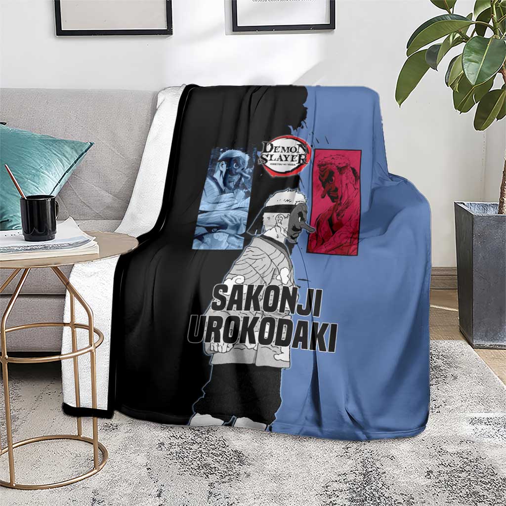 Sakonji Urokodaki from Demon Slayer Blanket with Blue and Black Split Background and Cloud Kimono Water Style Manga Design - The Mazicc