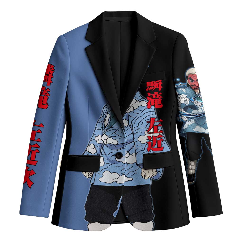 Sakonji Urokodaki from Demon Slayer Blazer with Blue and Black Split Background and Cloud Kimono Water Style Manga Design - The Mazicc