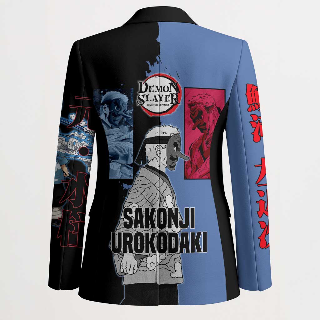 Sakonji Urokodaki from Demon Slayer Blazer with Blue and Black Split Background and Cloud Kimono Water Style Manga Design - The Mazicc