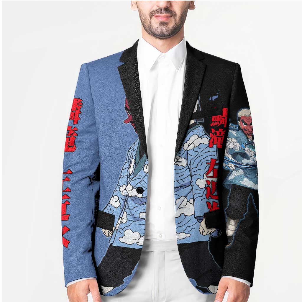 Sakonji Urokodaki from Demon Slayer Blazer with Blue and Black Split Background and Cloud Kimono Water Style Manga Design - The Mazicc