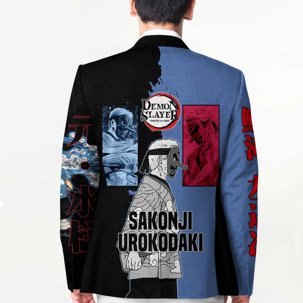 Sakonji Urokodaki from Demon Slayer Blazer with Blue and Black Split Background and Cloud Kimono Water Style Manga Design - The Mazicc