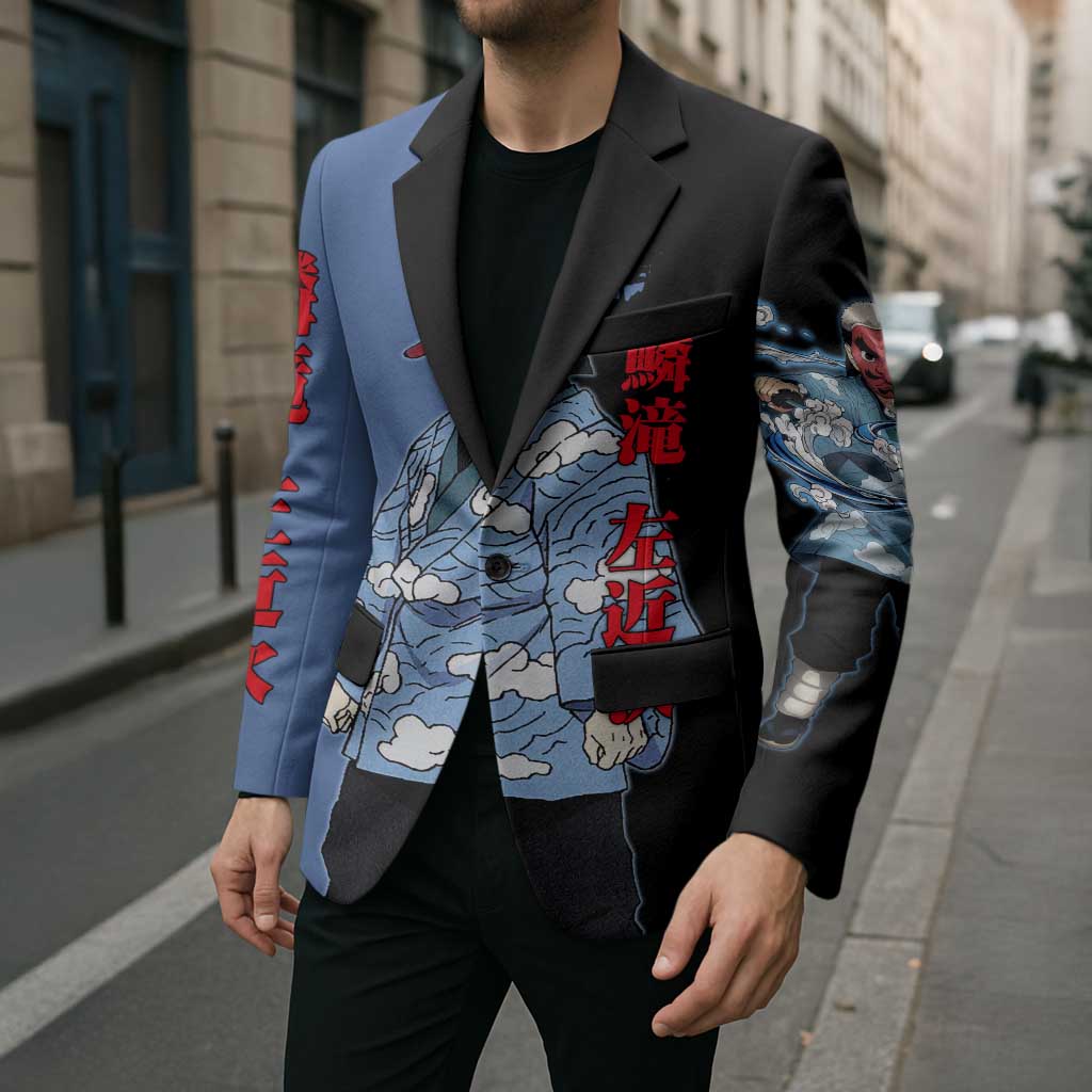 Sakonji Urokodaki from Demon Slayer Blazer with Blue and Black Split Background and Cloud Kimono Water Style Manga Design - The Mazicc