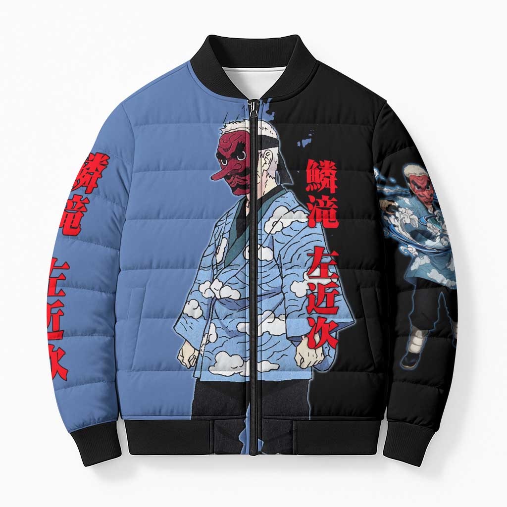 Sakonji Urokodaki from Demon Slayer Bomber Puffer Jacket with Blue and Black Split Background and Cloud Kimono Water Style Manga Design - The Mazicc