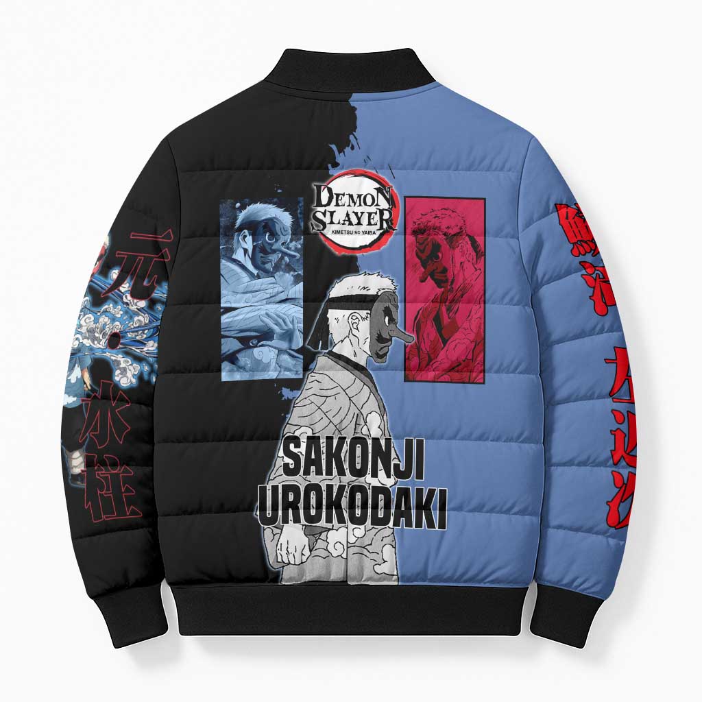Sakonji Urokodaki from Demon Slayer Bomber Puffer Jacket with Blue and Black Split Background and Cloud Kimono Water Style Manga Design - The Mazicc
