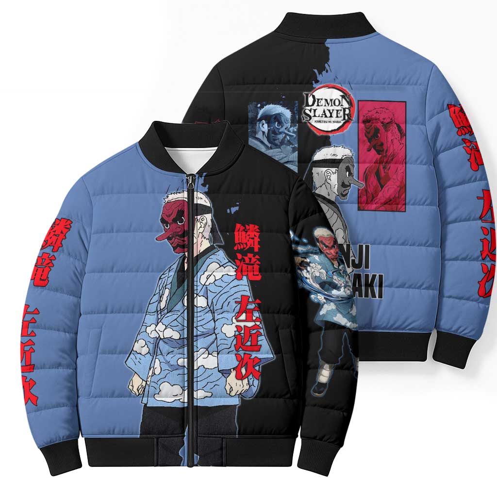 Sakonji Urokodaki from Demon Slayer Bomber Puffer Jacket with Blue and Black Split Background and Cloud Kimono Water Style Manga Design - The Mazicc