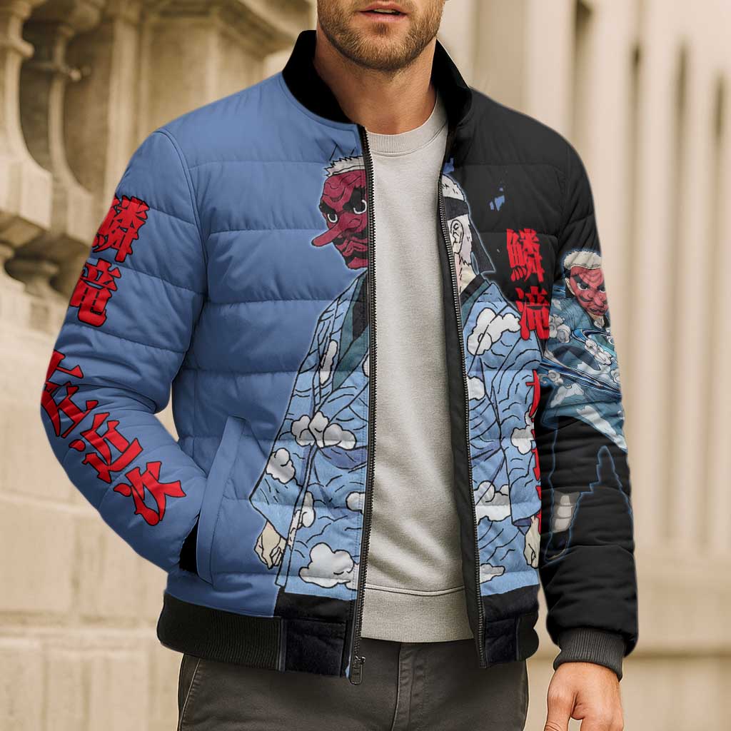 Sakonji Urokodaki from Demon Slayer Bomber Puffer Jacket with Blue and Black Split Background and Cloud Kimono Water Style Manga Design - The Mazicc