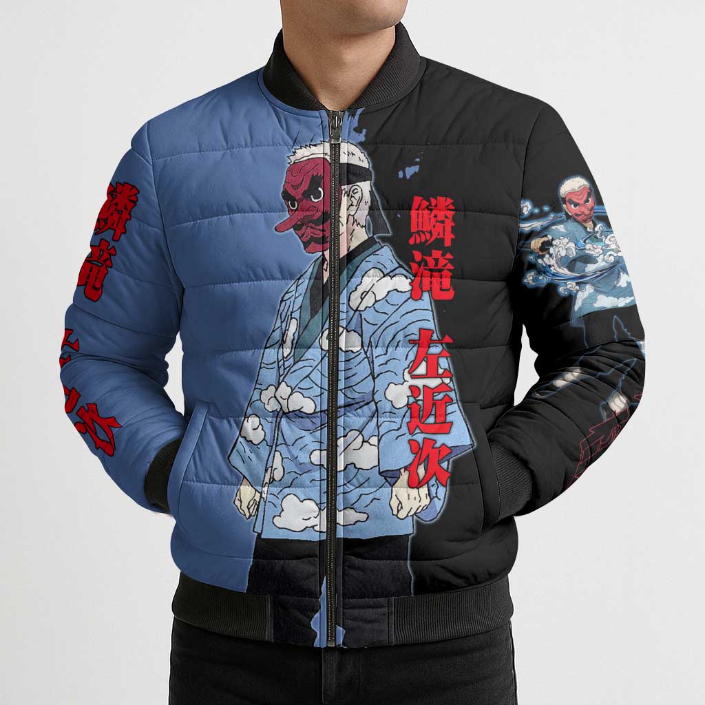 Sakonji Urokodaki from Demon Slayer Bomber Puffer Jacket with Blue and Black Split Background and Cloud Kimono Water Style Manga Design - The Mazicc