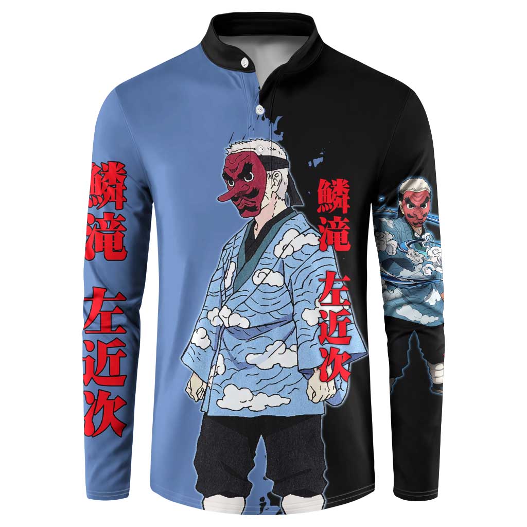 Sakonji Urokodaki from Demon Slayer Button Sweatshirt with Blue and Black Split Background and Cloud Kimono Water Style Manga Design - The Mazicc